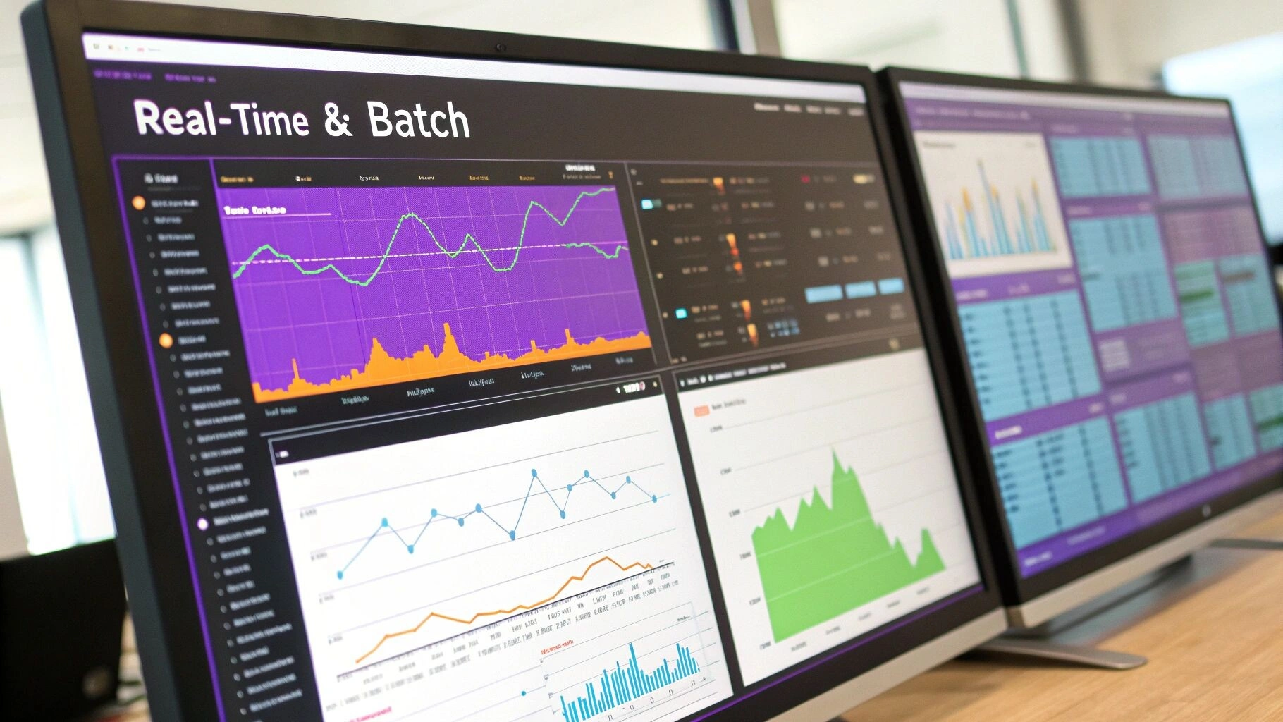 A diagram showing the flow of real-time and batch data processing from various sources to analytics and applications.