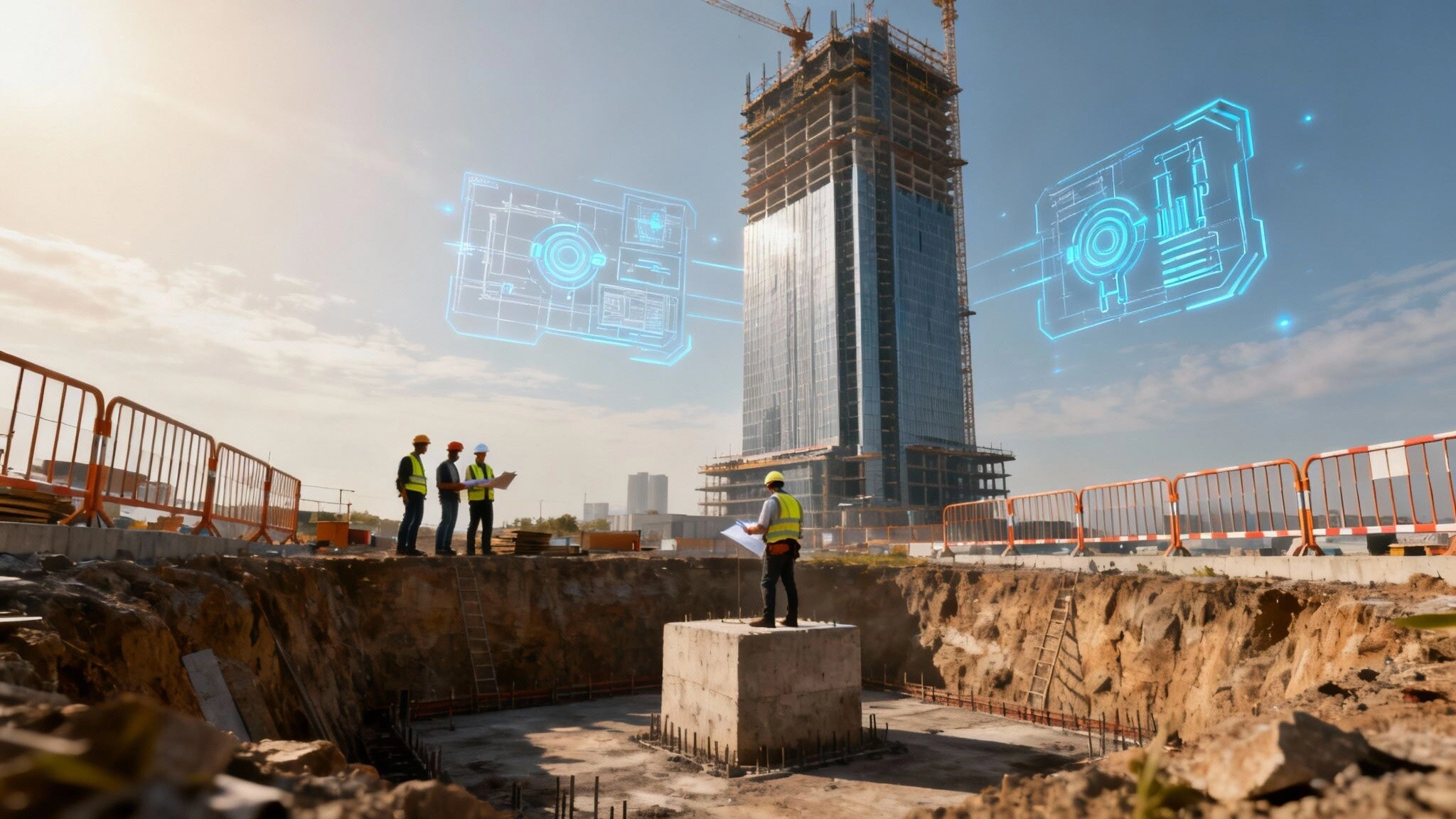 A blueprint of a skyscraper with magnifying glasses focusing on the foundation, symbolising the importance of AI guardrails.