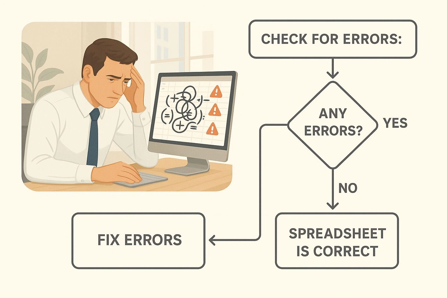 Infographic of a frustrated business person staring at tangled spreadsheet formulas