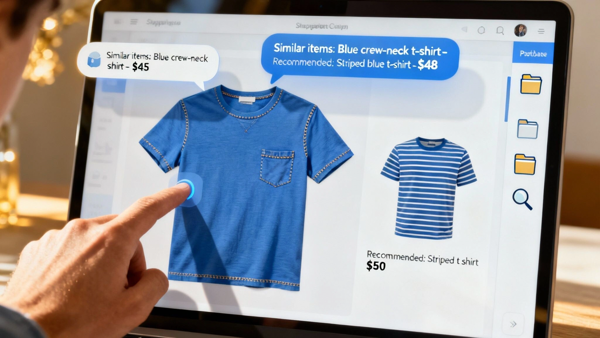 An e-commerce website on a laptop, surrounded by colourful shopping bags and product boxes, illustrating a retail environment.